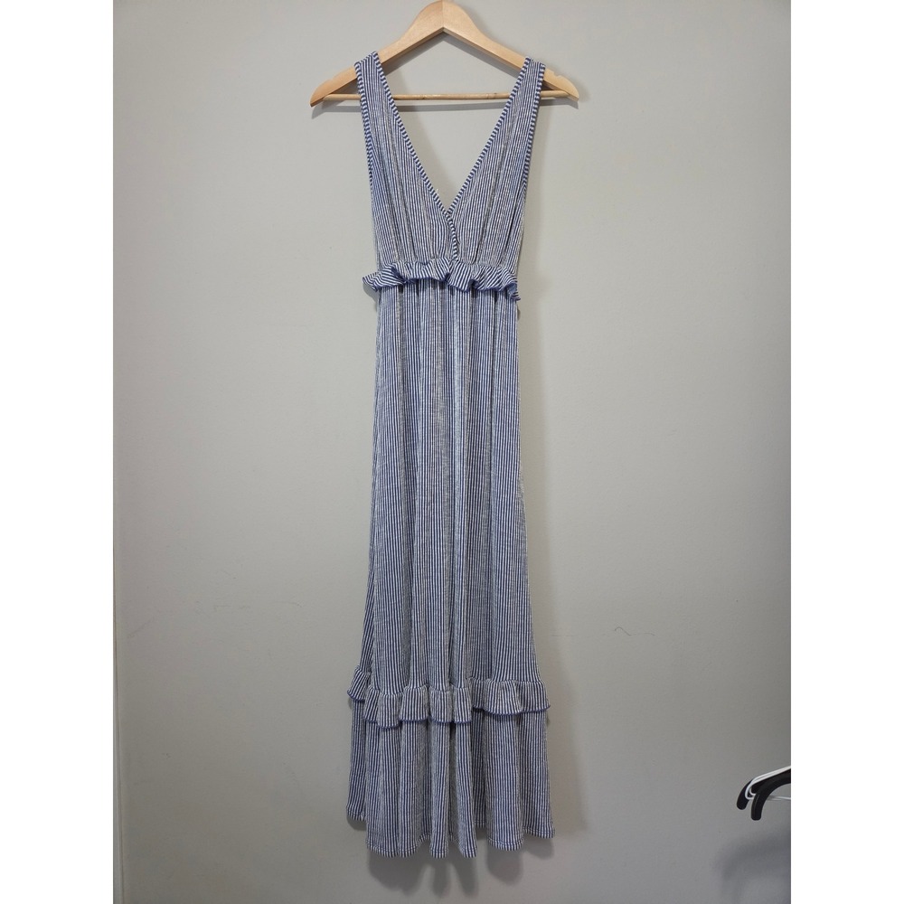 Caution to the Wind Blue‎ White Striped Ruffle Maxi Dress Medium D143-GB